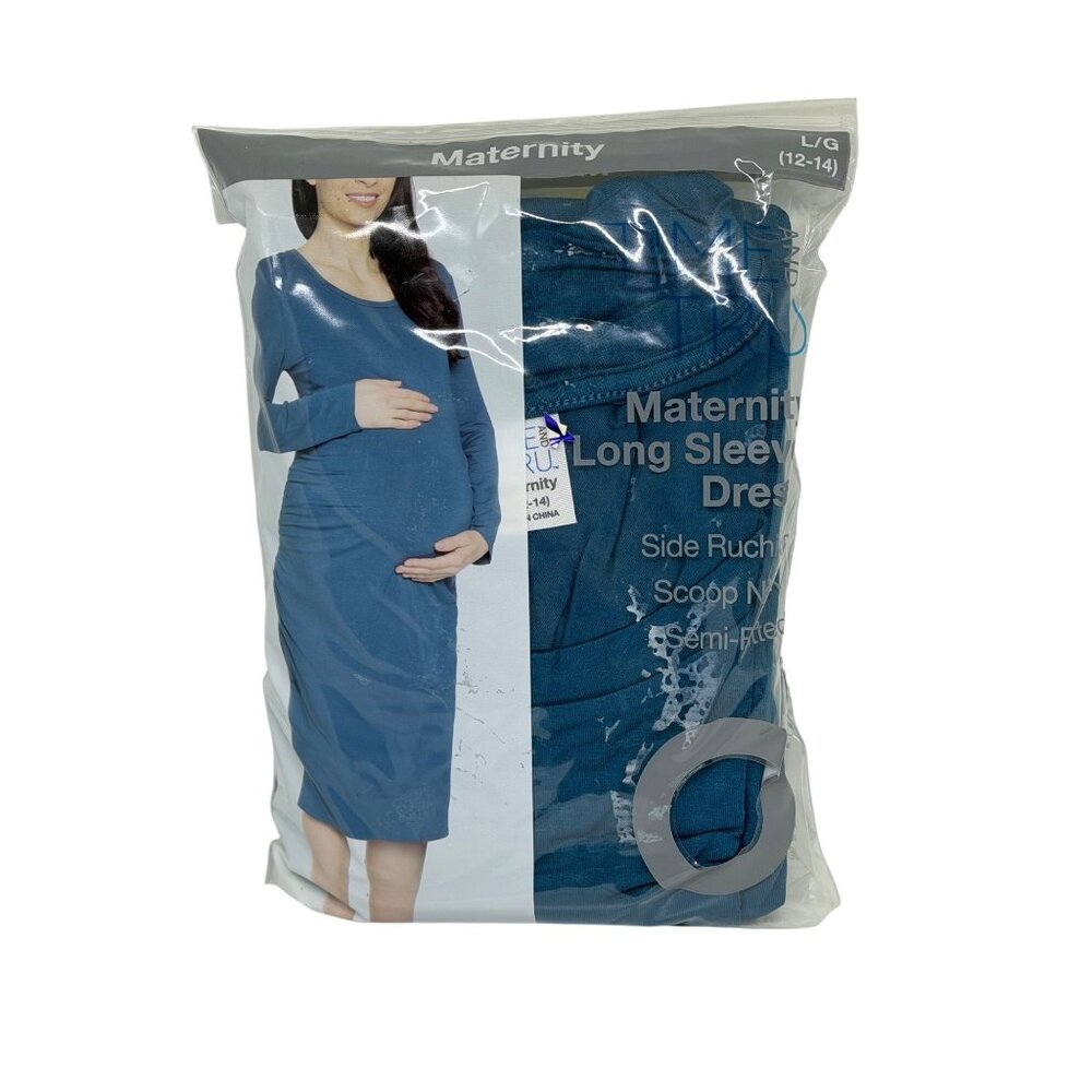 NEW Time and Tru Maternity LS Dress Large 12-14 Teal Blue Semi-Fitted Scoop Neck